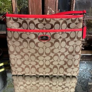 Coach Brown/Coral Orange Signature Canvas/Leather Swingpack File Crossbody Bag